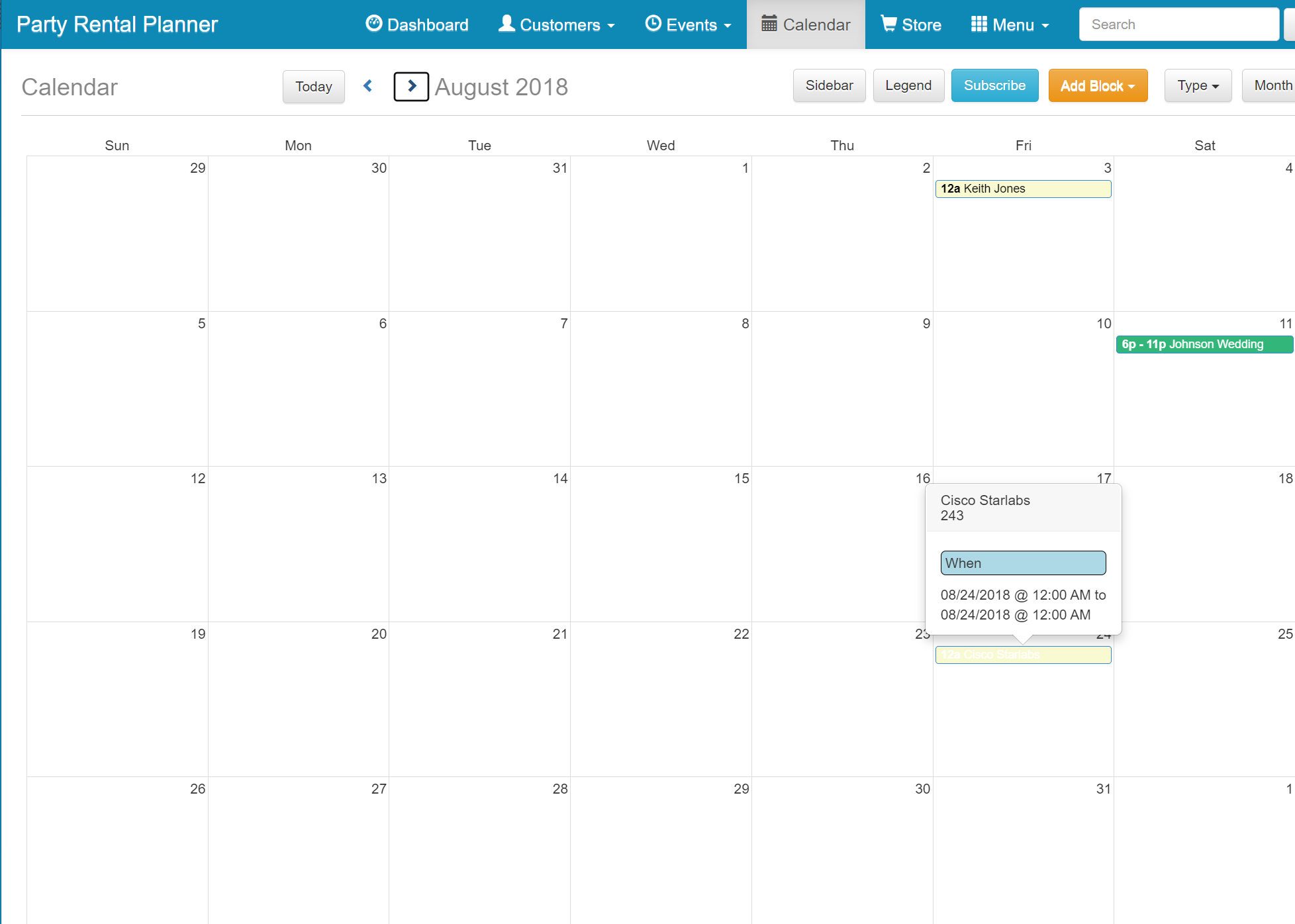 Calendar View party rental planner