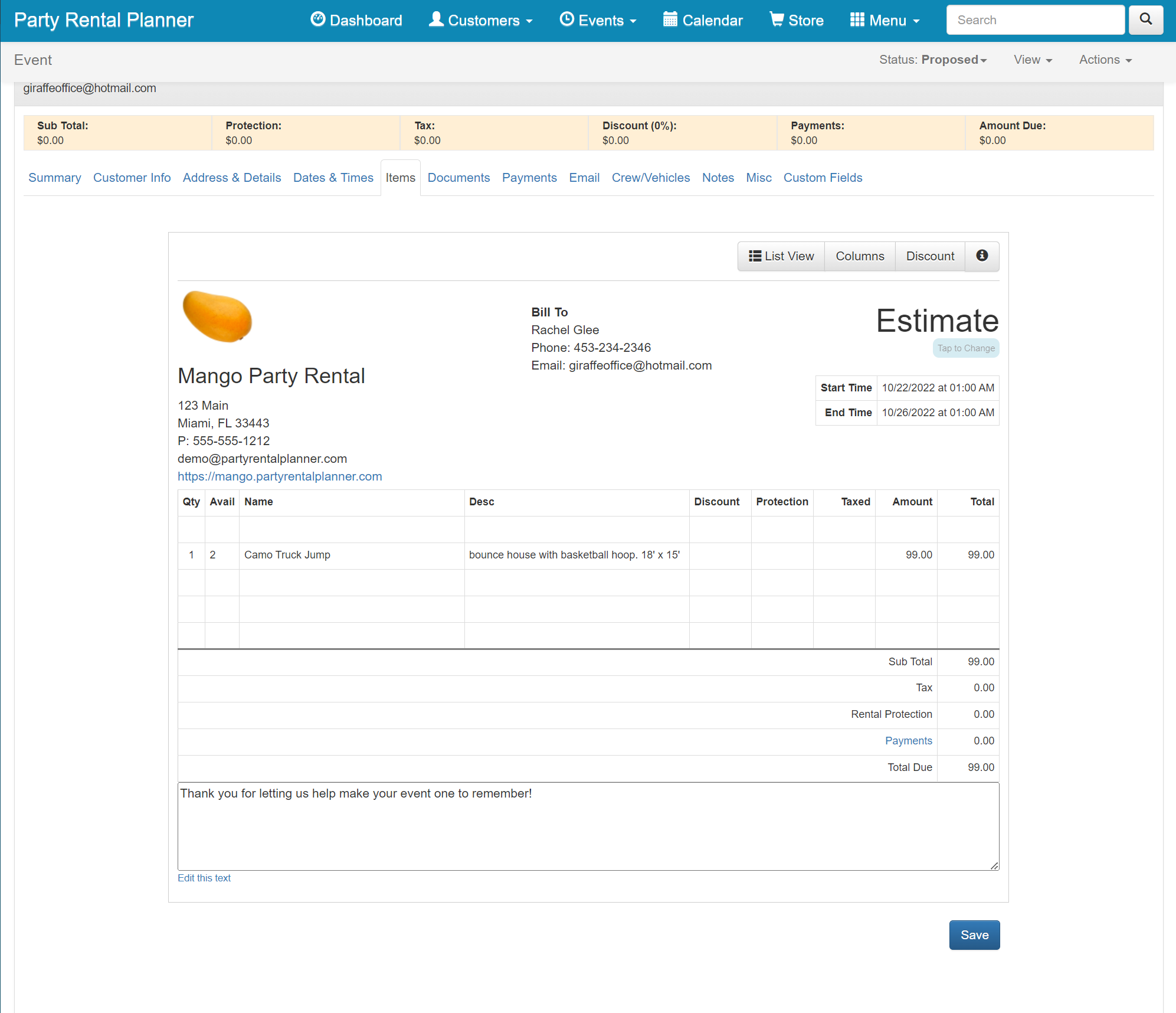 Easily ad items to you rental invoice and estimates.